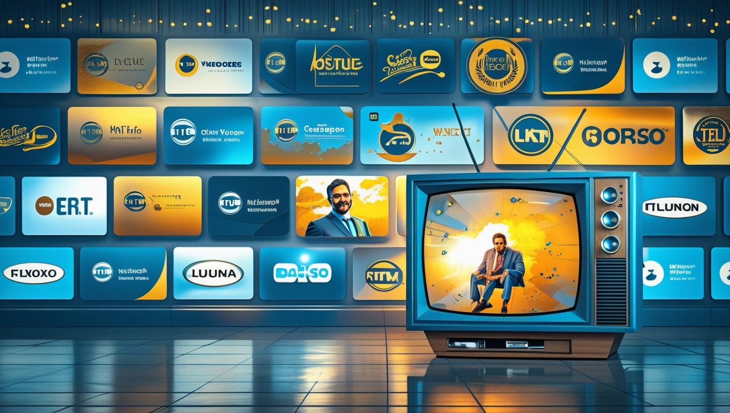 generate image that shows a tv on the right side and wall that contains famous tv channels